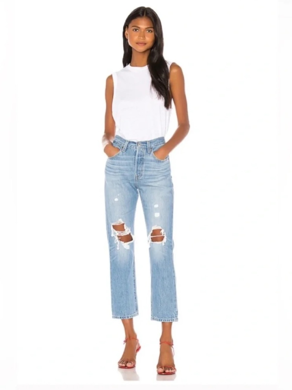 Levi's 501 Premium Cropped Distressed Straight Leg Jean